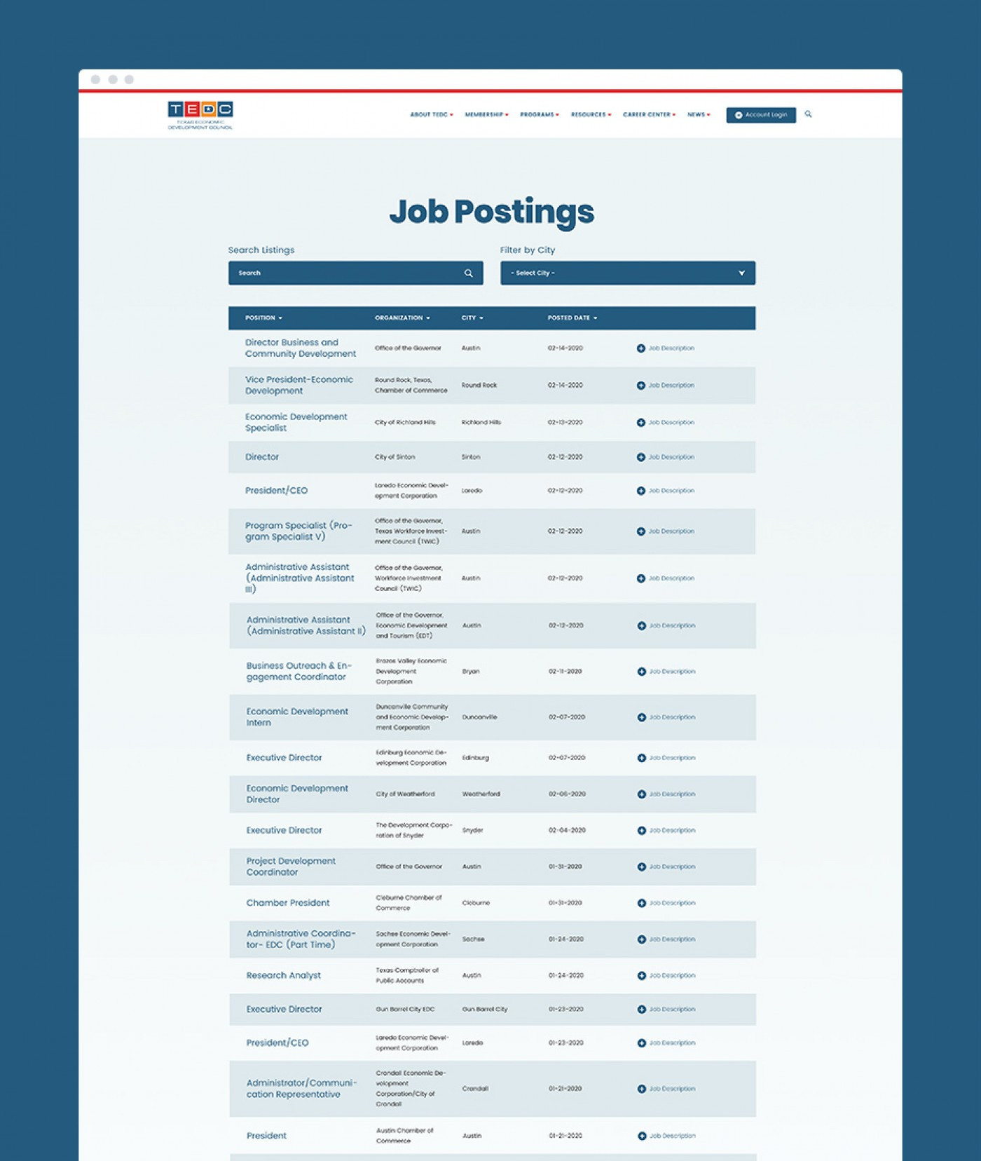 Screenshot of the Job postings page on TEDC's site