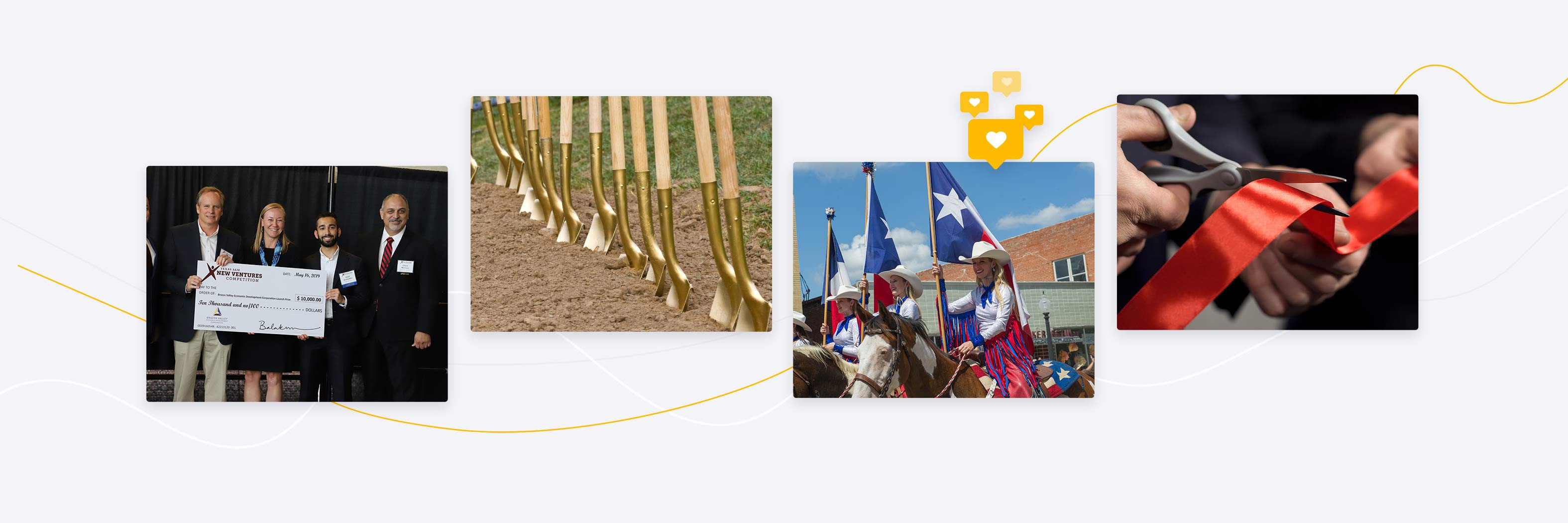 Photos of golden shovels, ribbon cuttings, check presentations and ground breakings